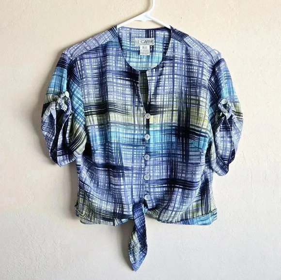 Vintage le caviar blue plaid Tie Front cropped button up blouse size medium - Picture 1 of 12